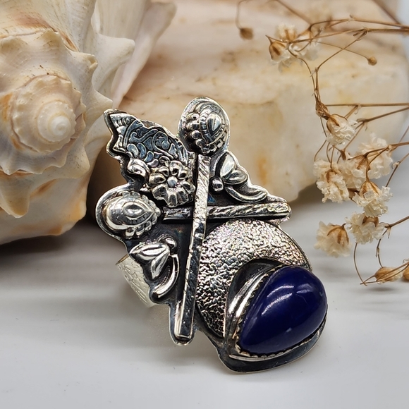 Natural Lapis Blue Stone Silver 925 Ring - Picture 1 of 9